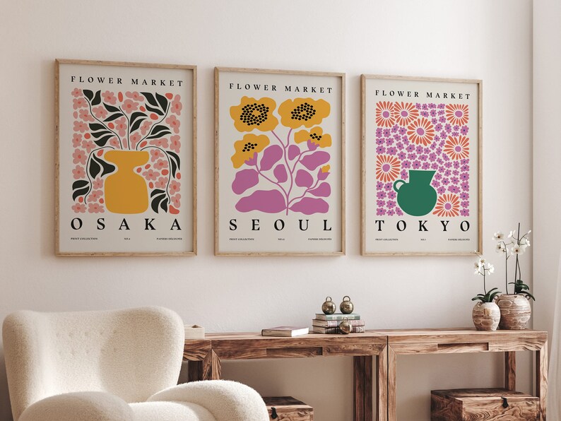 Set of 3 Modern Botanical Posters, Floral Wall Art, Flower Market Print ...