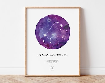 Custom Zodiac Print - Personalized Astrology Art for Nursery Decor and Baby Shower Gift, Gemini Celestial Print for Newborn