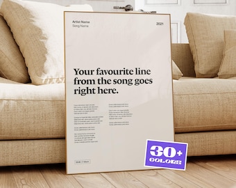 以下が含まれることがあります： 「Your favourite line from the song goes right here」というテキストが入った額入りのポスター。ポスターにはアーティスト名、曲名、2021年が含まれています。右下のステッカーには「30+ COLORS」と書かれています。