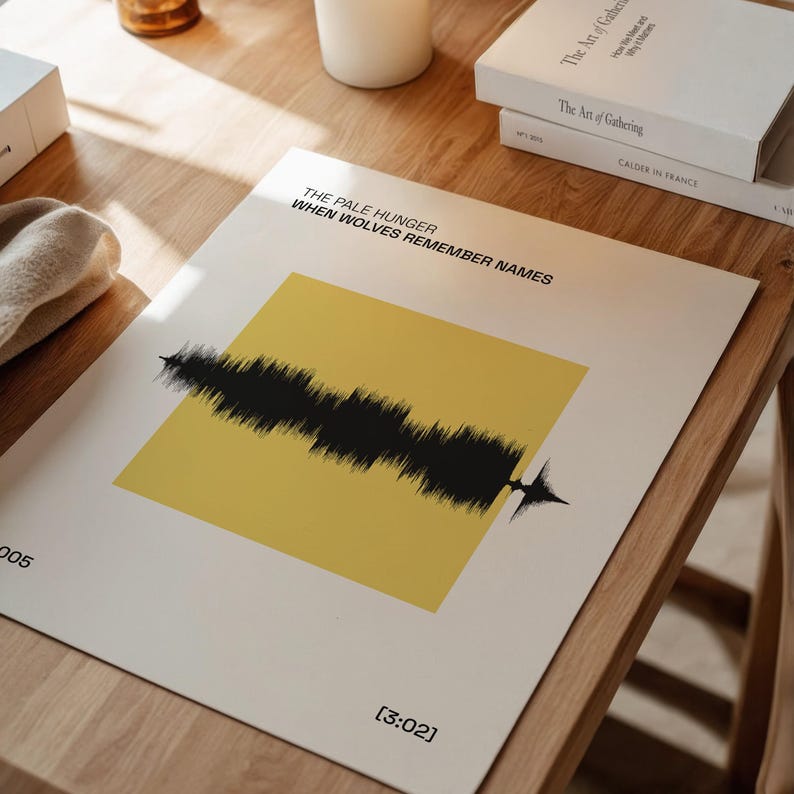 以下が含まれることがあります： 「THE PALE HUNGER WHEN WOLVES REMEMBER NAMES」のテキストと、黄色の正方形の上に黒い音波のデザインが施された白いプリント。プリントには時間「[3:02]」も含まれており、木製のテーブルに表示されています。