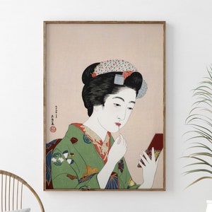 Vintage Japanese Geisha Poster, Japanese Woman Applying Rouge Print, Traditional Kimono Woodblock Art, Wall Art Decor, Printable Wall Art