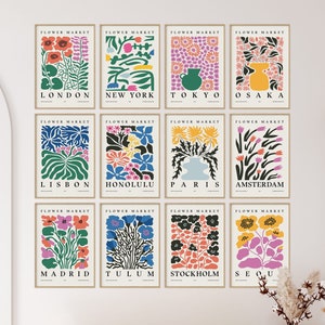 Flower Market Print, Set of 12 Botanical Wall Art, Floral Decor Posters, New York Poster, Paris Print, London Wall Art Set, Digital Download