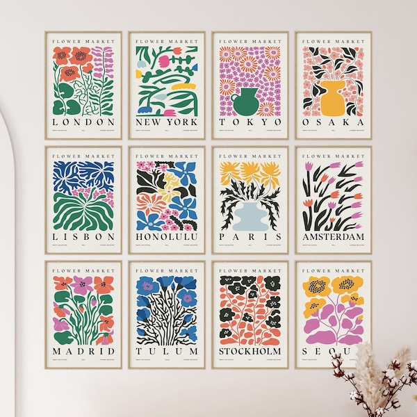 Flower Market Print, Set of 12 Botanical Wall Art, Floral Decor Posters, New York Poster, Paris Print, London Wall Art Set, Digital Download