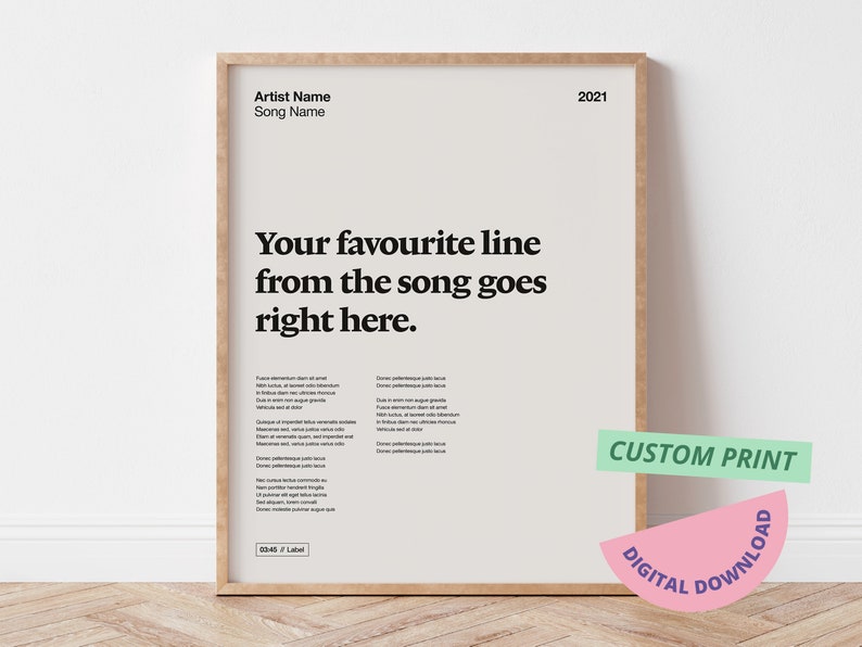 Custom Song Downloadable Print, Your Song Print, Printable Lyric Wall Art, Personalised Anniversary Gift, Custom Band Poster, Song Wall Art 