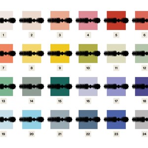 以下が含まれることがあります： 24個の正方形の画像のグリッド。それぞれがユニークな単色の背景と黒い音波グラフィックを持っています。色はベージュ、ピンク、オレンジ、イエロー、グリーン、パープルの色合いを含みます。各正方形には1から24までの番号が付けられています。
