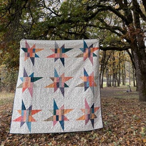 Puede incluir: Un edredón hecho a mano con un patrón de estrellas. El edredón presenta nueve estrellas grandes en varios colores, incluyendo naranja, azul y rosa, sobre un fondo crema con pequeños puntos negros. El edredón se exhibe al aire libre, colgado de un árbol.