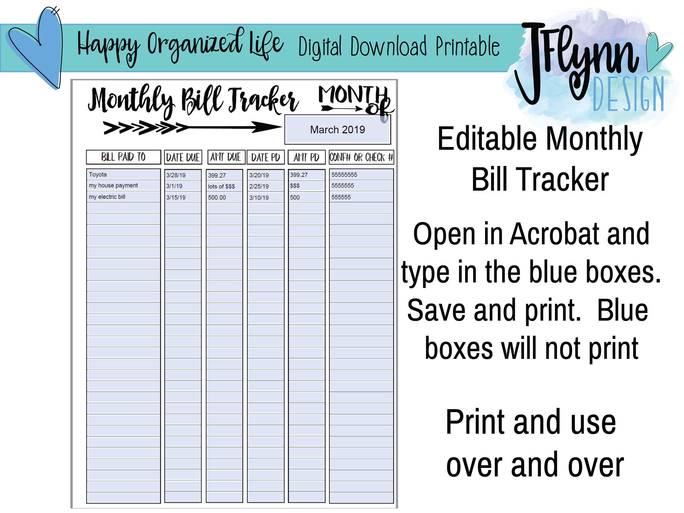 Editable monthly bill tracker PDF PRINTABLE PDF | Etsy