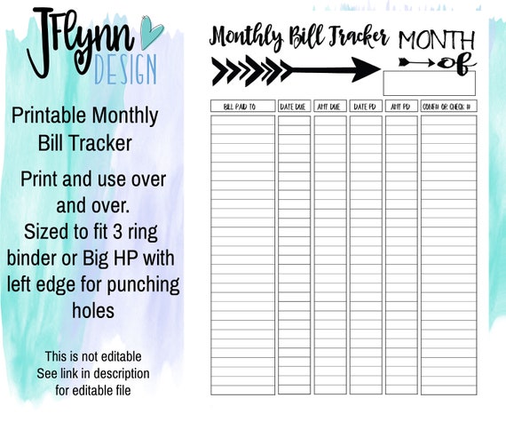 Monthly Bill Tracker PDF Printable instant download digital | Etsy