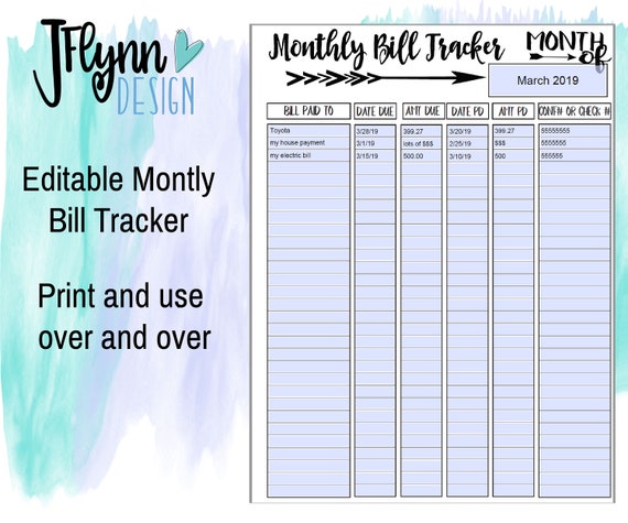 Editable monthly bill tracker PDF PRINTABLE PDF | Etsy