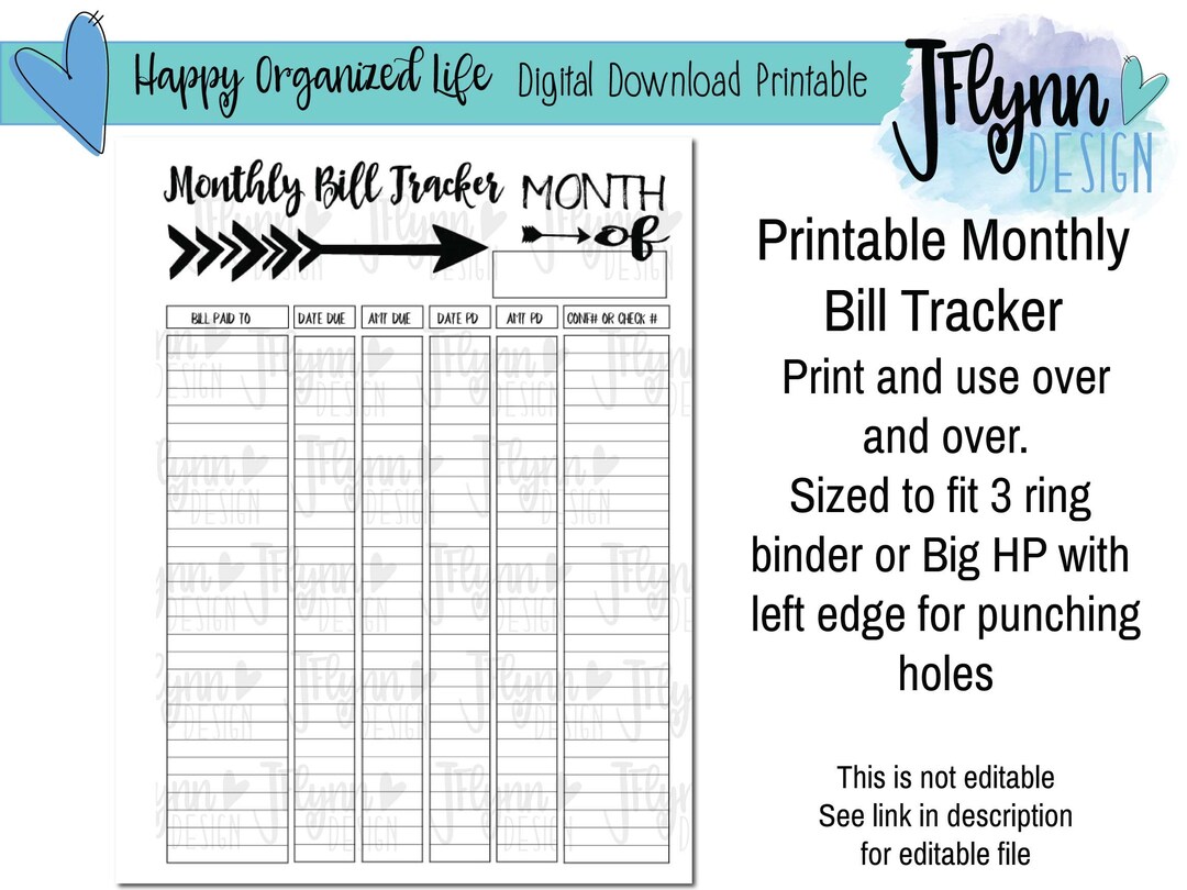Monthly Bill Tracker PDF Printable, Instant Download, Digital Download ...