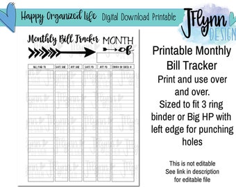 Monthly Bill Tracker PDF Printable, instant download, digital download, printable, bills