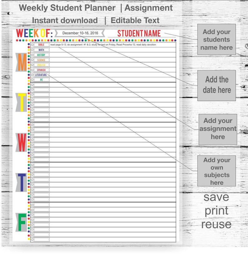 homes school weekly planner editable pdf printable instant etsy