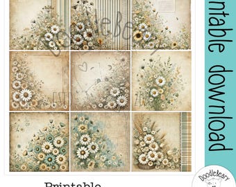 Vintage Daisy Digital Papers, Digital prints, rice paper printable download
