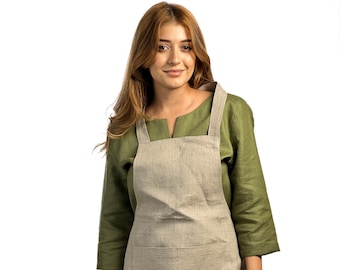 Linen apron with pockets for women and men, linen kitchen apron for cooking, gardening, baking, working, stonewashed linen, Christmas Gift