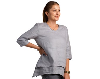 Classic Linen Top, Linen top handmade clothing for women, natural flax linen top, organic linen top, round neck linen blouse, 3/4 sleeves