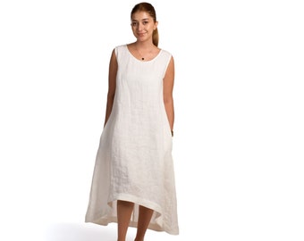 White High-Low Hem Summer Linen Dress, plus size linen dress, handmade clothing for women, asymmetrical natural linen dress, organic modern