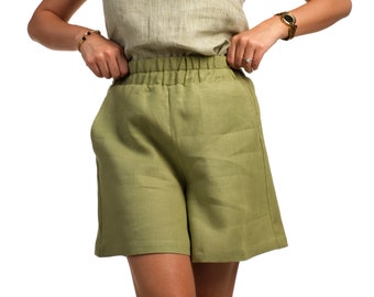 Pantalones cortos de lino sueltos para mujer, pantalones cortos de lino con bolsillos, pantalones cortos de lino de cintura alta, pantalones cortos de lino natural de cintura elástica ropa orgánica