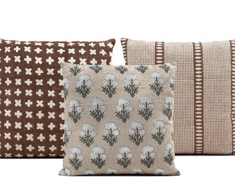 Designer pillow set, Bastideaux bogo farmhouse linen curated collection, Neutral brown coffee throw pillow covers, geometric modern 20"x20"