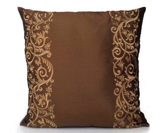 Milk Chocolate and Gold Tan Decorative Throw Pillow Cover, Cushion Covers, Pillowcase, Accent Pillows, Gold Silk Embroidery, Luxury pillows