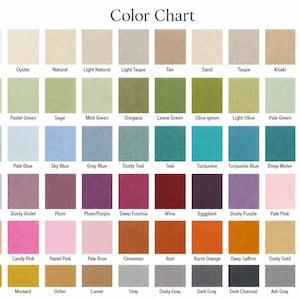 May include: A color chart featuring a grid of 70 distinct fabric swatches, each labeled with its corresponding color name including White, Oyster, Natural, Sage, Teal, Wine, Rust, and Smoke Gray, organized in rows and columns.