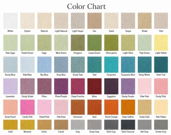 May include: A color chart featuring a grid of 70 distinct fabric swatches, each labeled with its corresponding color name including White, Oyster, Natural, Sage, Teal, Wine, Rust, and Smoke Gray, organized in rows and columns.
