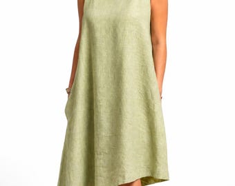 Linen Asymmetrical Dress, Sage Green Linen Dress, Sleeveless Linen Dress, Loose Fit Dress, Women's Linen Clothing, Midi Dress