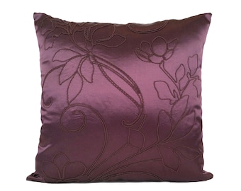 Purple plum throw pillow cover with floral details, decorative cushion Covers, satin blend accent pillowcase, modern luxury designer pillows