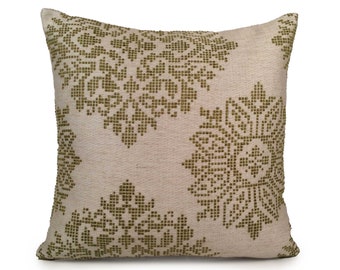 Off White Pillow, Knitted Pillow, Lime Green Silk Embroidery, Throw Pillow Cover, Decorative Cover, Cushion Cover, Accent Pillow, 16"x16"