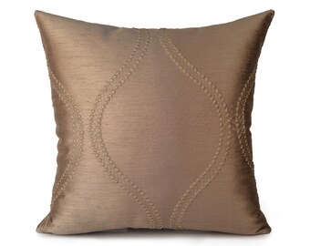 Light Brown tan Throw Pillow Cover, Decorative Pillow Cover, Cushion Cover, Accent Pillow, Pillow Sham, Silk Blend, Embroidered Pillow.