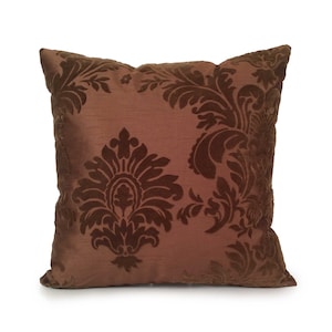 Light Brown Pillow, Throw Pillow Cover, Decorative Pillow Cover, Pillowcase, Accent Pillow, Silk Blend, Chocolate Brown Velvet Floral Detail
