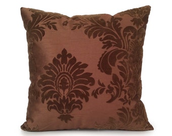 Light Brown Pillow, Throw Pillow Cover, Decorative Pillow Cover, Pillowcase, Accent Pillow, Silk Blend, Chocolate Brown Velvet Floral Detail