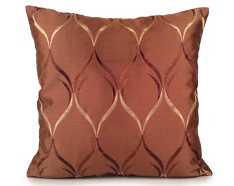 Cinnamon Copper Pillow, Throw Pillow Covers, Decorative Cover, Cushion Cover, Accent Pillow, Silk Blend, Light Tan and Brown Silk Embroidery
