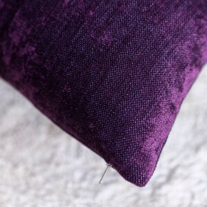 May include: Close-up of a purple velvet pillow with a zipper closure.