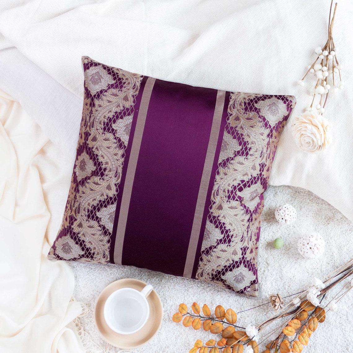Purple Tan Gold Pillow Throw Pillow Cover Decorative Pillow Etsy