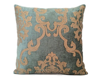 Teal gold tan throw pillow cover, decorative cushion covers, velour satin blend accent pillow, embossed designer farmhouse modern pillowcase