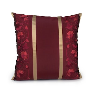 Burgundy Pillow with Gold Stripes, Throw Pillow Cover, Cushion covers, floral accent pillows, Silky farmhouse pillow, embroidered pillow.