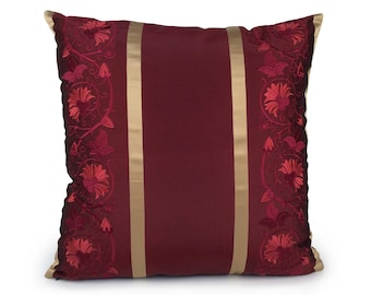 Burgundy Pillow with Gold Stripes, Throw Pillow Cover, Cushion covers, floral accent pillows, Silky farmhouse pillow, embroidered pillow.