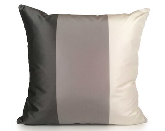 Carbón, gris claro, almohada blanca, funda de almohada de tirada decorativa personalizada, cubierta de cojín, almohada de acento, mezcla de seda, almohada a rayas personalizada