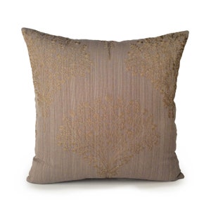 Modern Tan with gold embroidered decorative pillow, accent designer cushion cover, embroidered sheer modern pillowcase, high end pillowcase