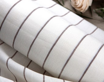 Striped Linen Fabric by the Yard, Off White Brown Stripe Linen, Washed European Flax Fabric for Curtains, Clothing, Upholstery