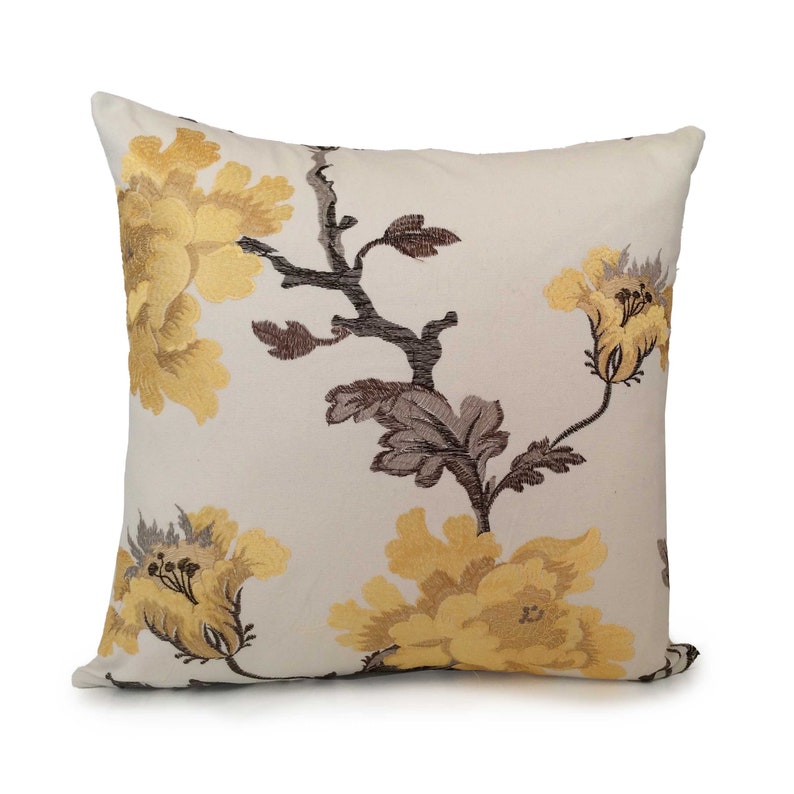 Off White and Bright Yellow Pillow, Throw Pillow Cover, Decorative Pillow Cover, Cushion Cover, Accent Pillow, Yellow Silk Embroidery,Cotton image 1