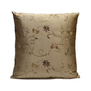 Smoky Tan Pillow, Throw Pillow Cover, Decorative Pillow Cover, Cushion Cover, Pillowcase, Accent Pillow, Toss Pillow, Silk Floral Embroidery