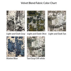Puede incluir: Carta de colores que muestra diferentes colores de tejido para tejido de terciopelo mezclado. Los colores incluyen gris claro y oscuro, oliva claro y oscuro, marr&oacute;n claro y oscuro, azul marino y marr&oacute;n/gris/blanco roto.