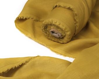 Mustard Linen Fabric by the Yard – Washed Yellow Linen for Curtains, Clothing & Upholstery | Medium Weight Flax Fabric