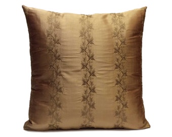 Brown Gold Pillow, Throw Pillow Cover, Decorative Pillowcase, Cushion Cover, Toss Pillow, Tan, Bronze, 16"x16", Floral Embroidery