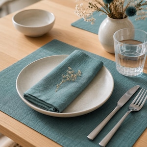 May include: A teal linen napkin folded on a speckled off-white ceramic plate, placed on a matching teal rectangular placemat. Beside the plate are a stainless steel knife and fork, a clear glass of water, and a small white bowl on a wooden table.