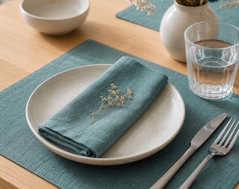 Teal Linen Placemats Set, Square Table Mats, Turquoise Blue Dining Decor, Modern Cloth Linens