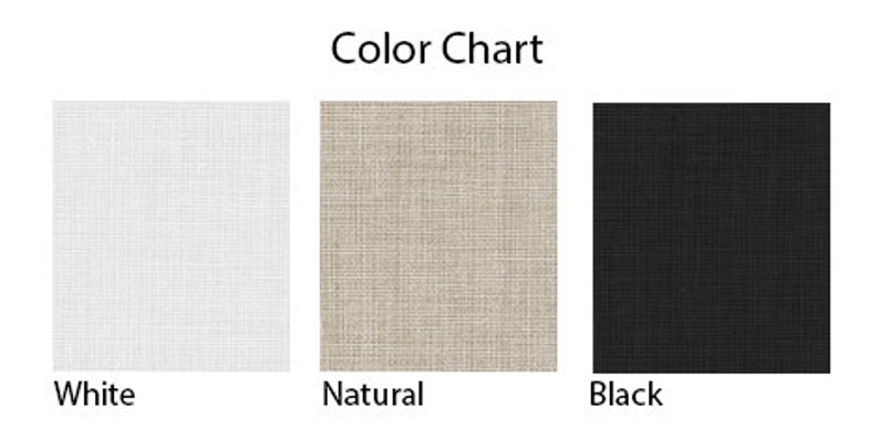 K&ouml;nnte beinhalten: Farbkarte mit drei Stoffmustern: Wei&szlig;, Natur und Schwarz. Jedes Muster hat ein strukturiertes Aussehen. Der Text "Color Chart" steht &uuml;ber den Mustern, mit den Farbbezeichnungen darunter.