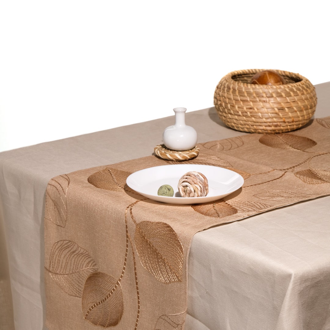 Tan/gold Christmas Table Runner, Handmade Embroidered Linen Blend Table