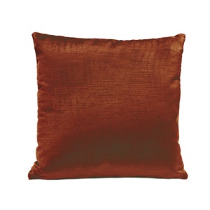 May include: A square, rust-colored decorative pillow. The pillow has a soft, velvety texture and a subtle sheen. The solid color and simple design make it a versatile accent piece for any room. The pillow is approximately 18 inches square.